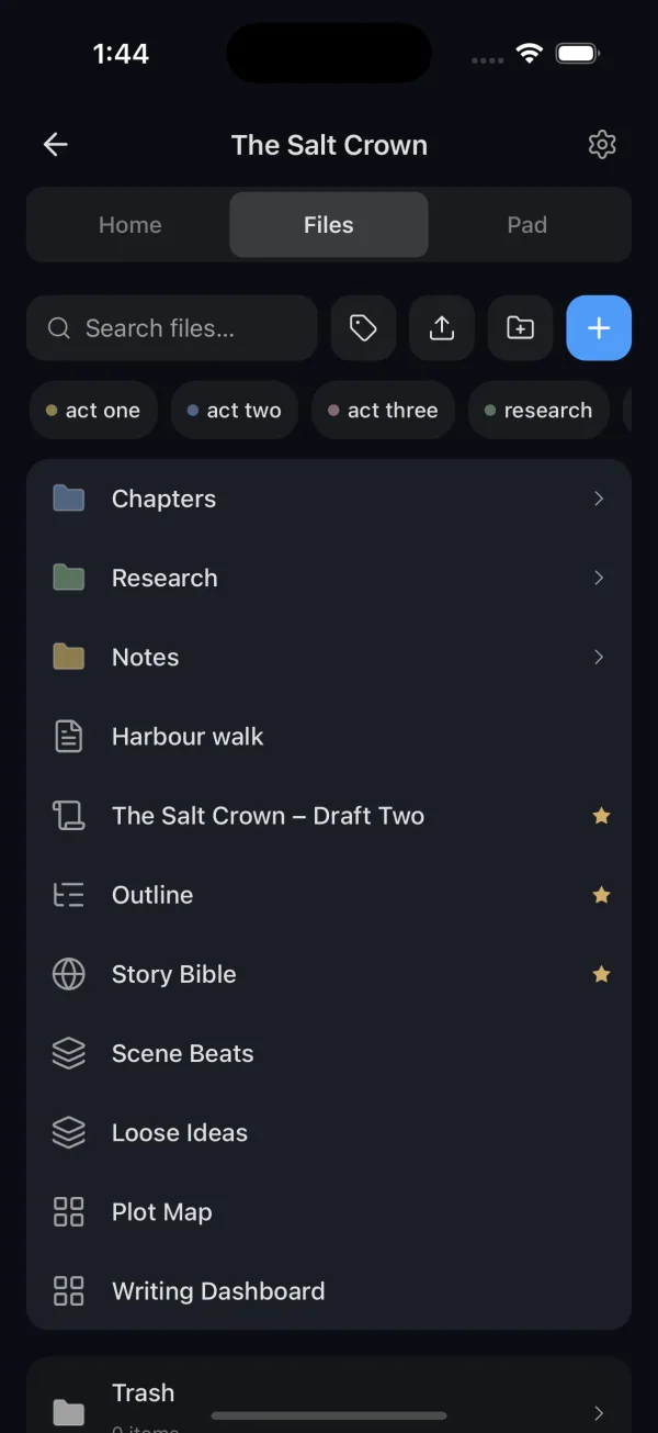 A project's Files tab with folders, files, tags and Trash