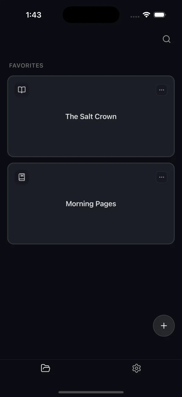 The projects screen on a phone, with favorite projects and a plus button