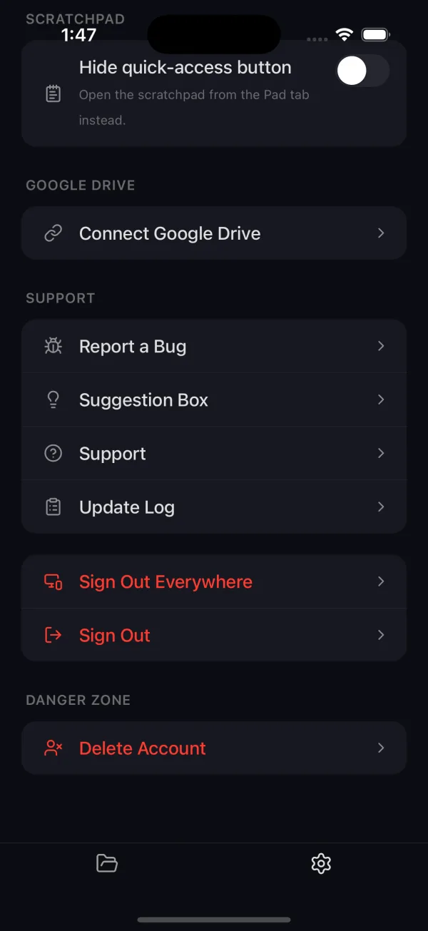 The rest of Settings: support, sign out and delete account