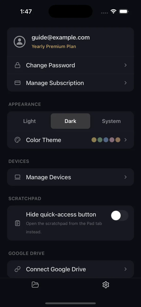 The mobile Settings tab: account, appearance, devices, scratchpad and Google Drive