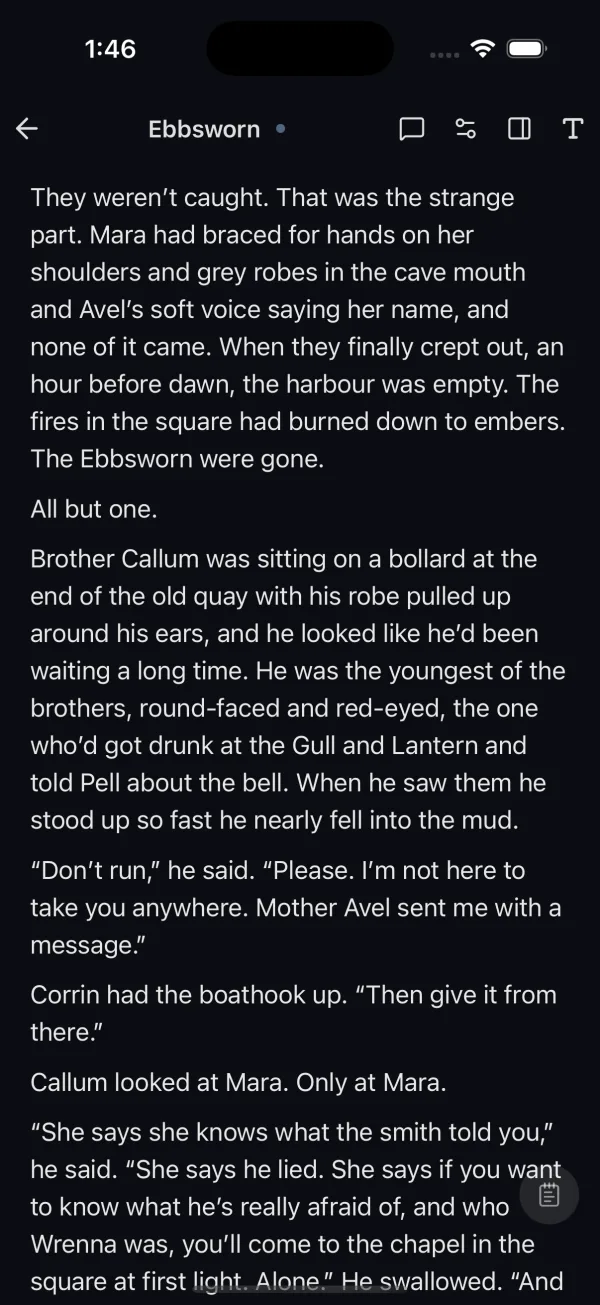 A chapter open in the mobile text editor
