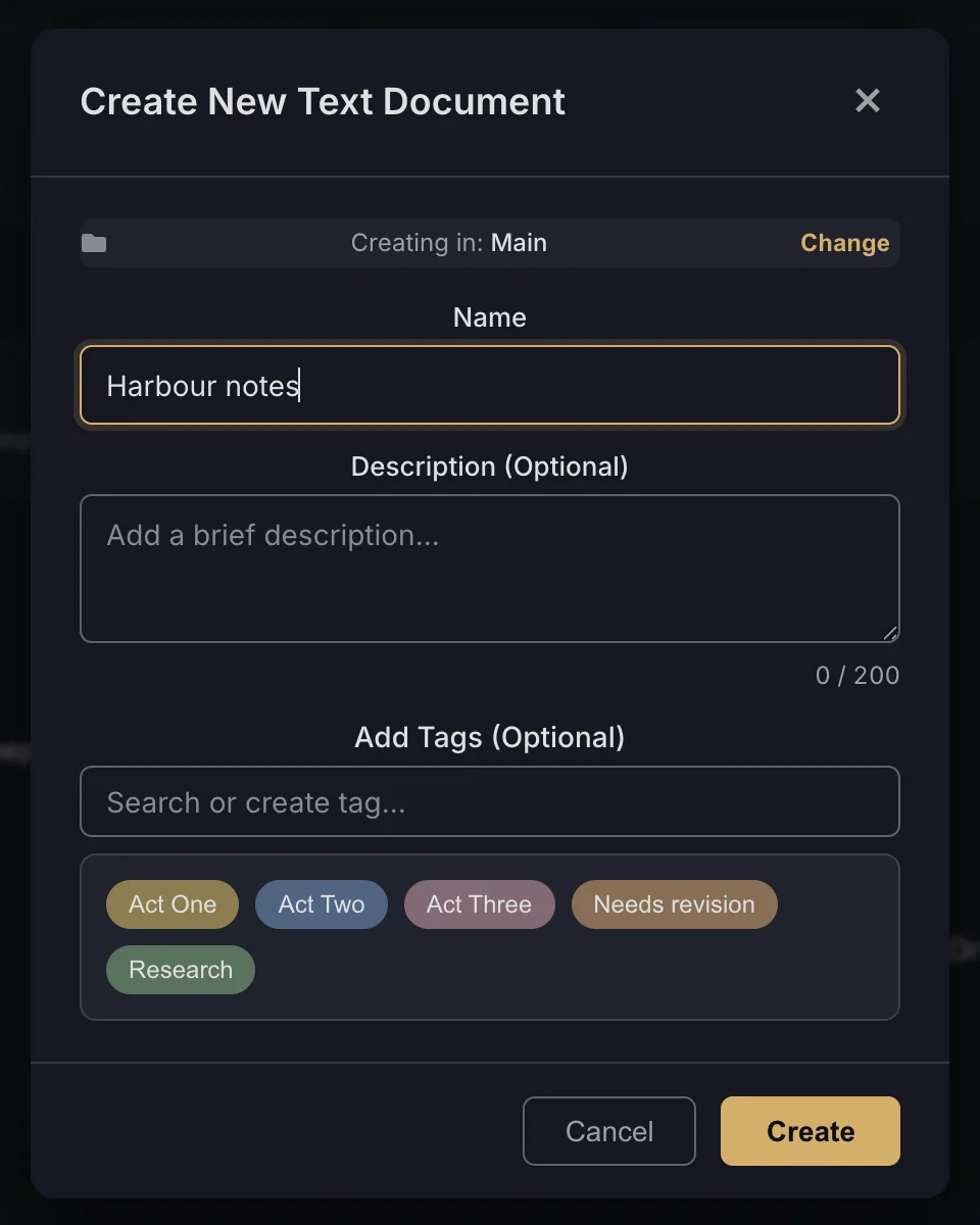 The Create New Text Document dialog with name, description and tags