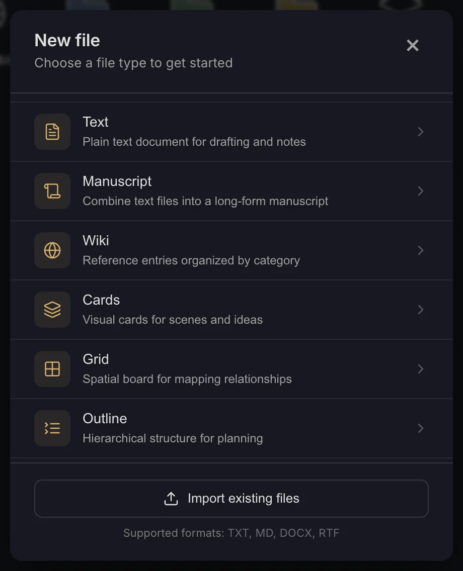 The New file picker with Text, Manuscript, Wiki, Cards, Grid and Outline, and Import existing files