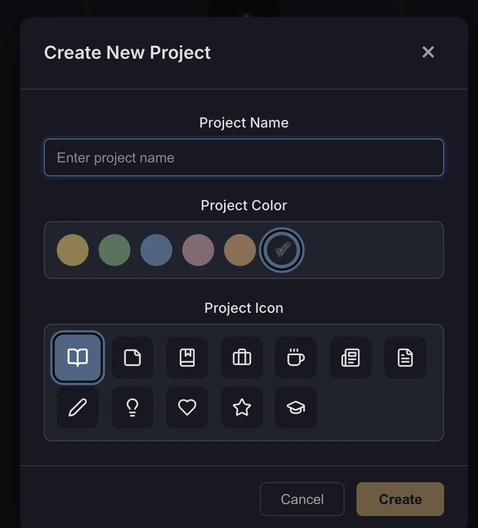 The Create New Project dialog with a name field, six colors and twelve icons