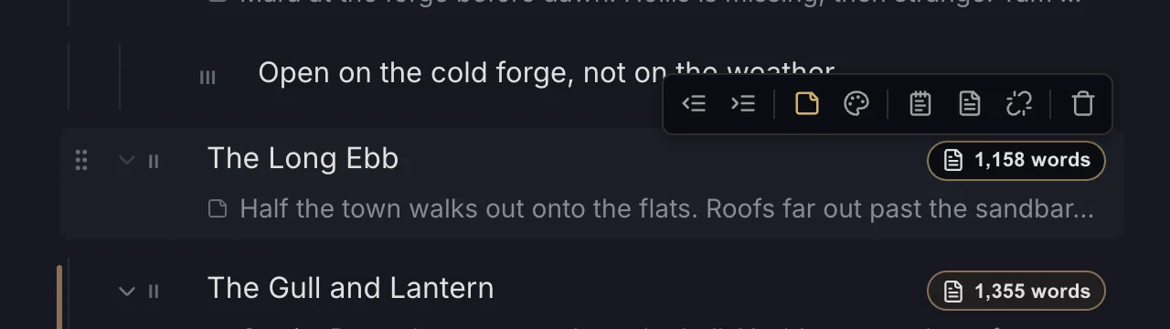 A row's toolbar: outdent, indent, notes, color, Scratch Pad, open file, remove link and delete