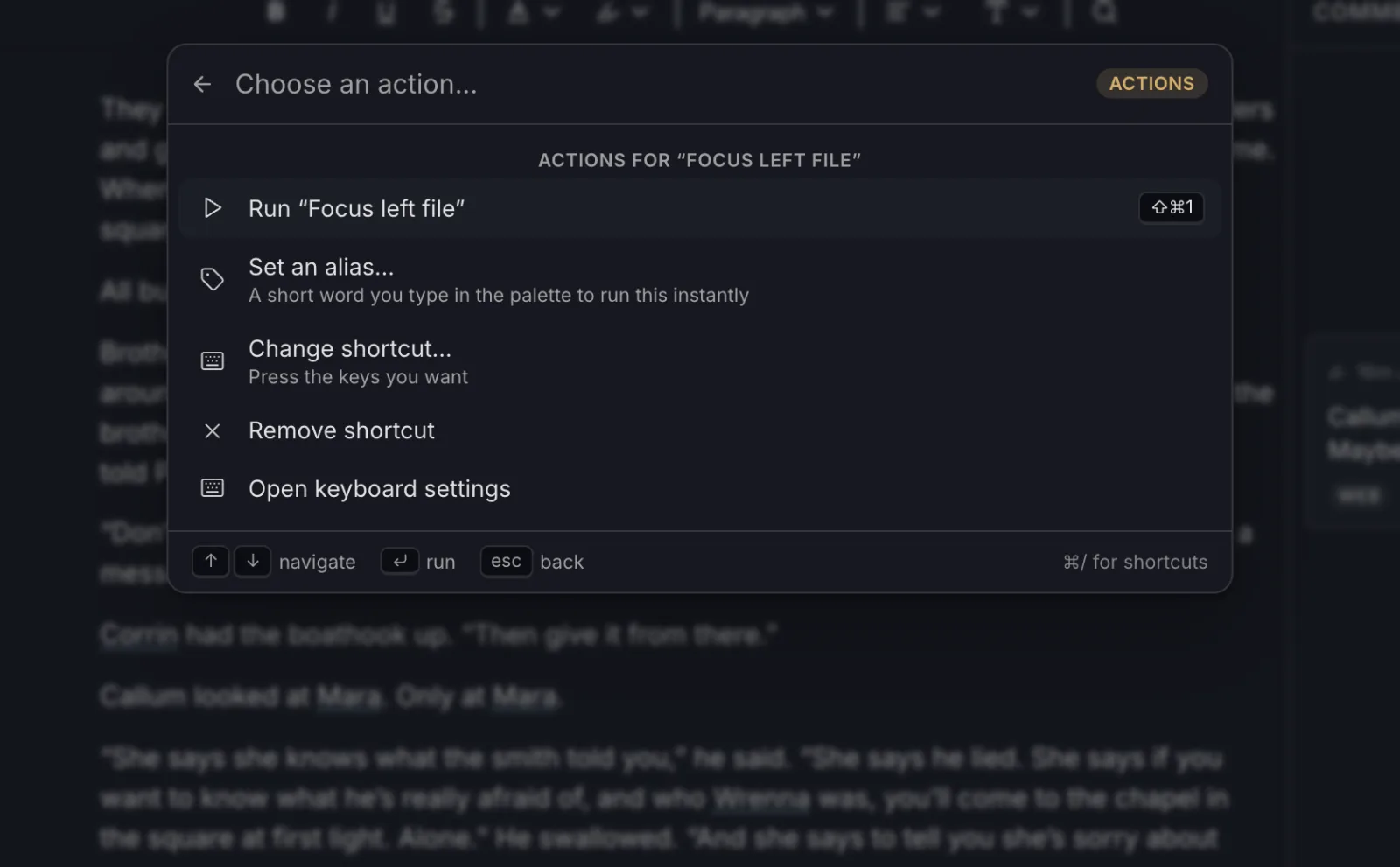 The palette's actions for a command: run it, set an alias, change or remove its shortcut