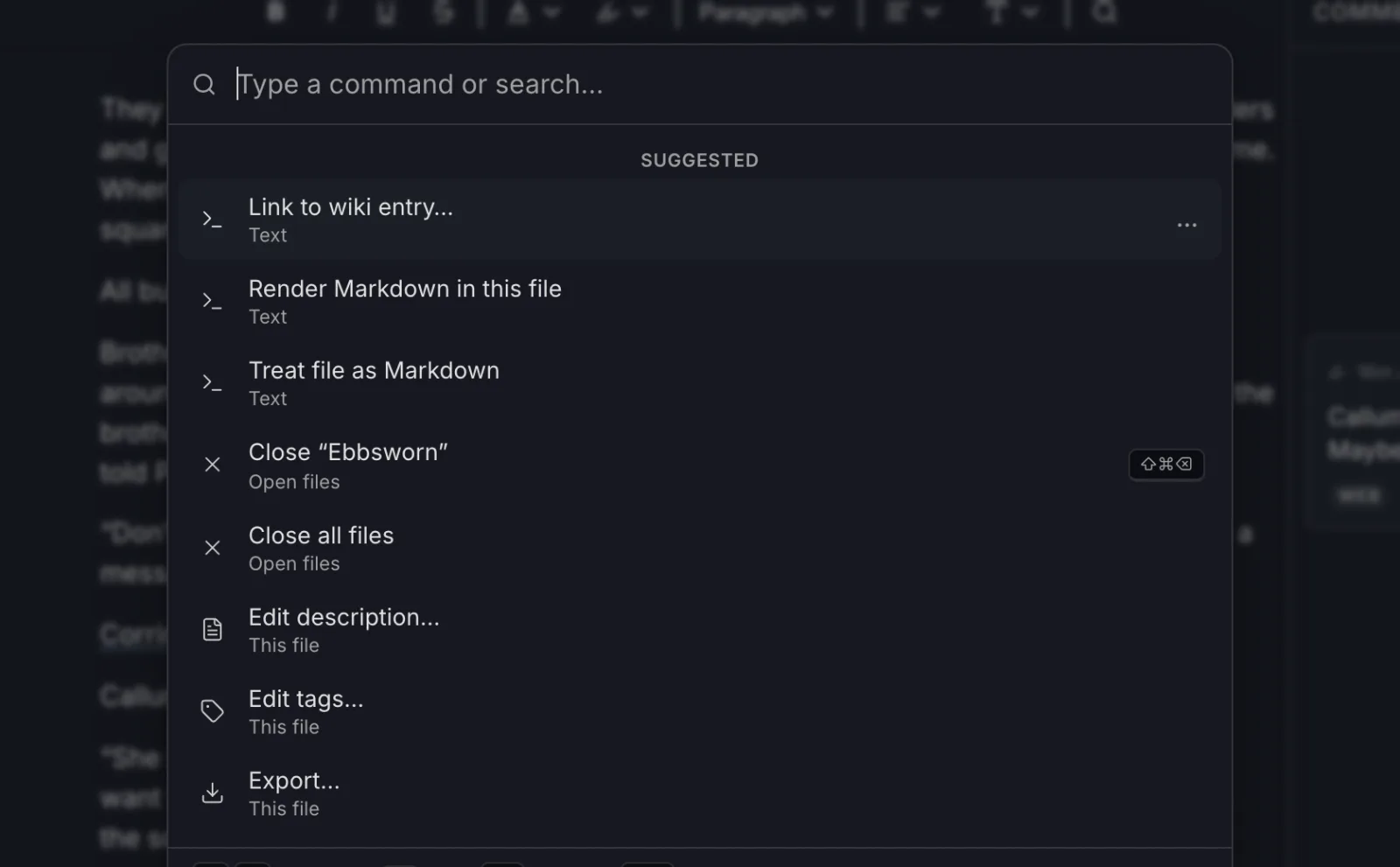The command palette open over a chapter, with suggested commands for text files