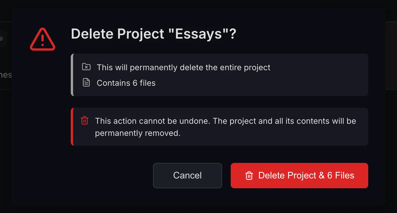 The delete confirmation, showing that the project contains six files