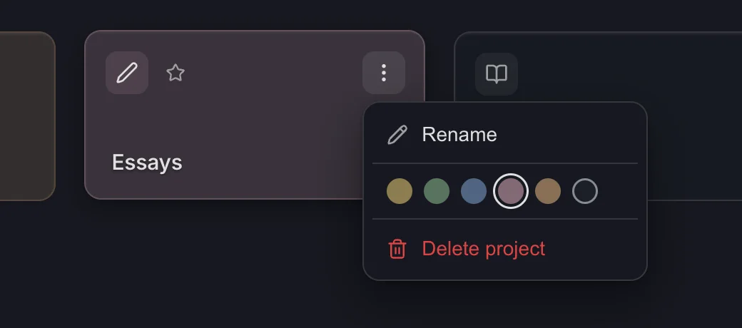 The project menu with Rename, a row of colors and Delete project