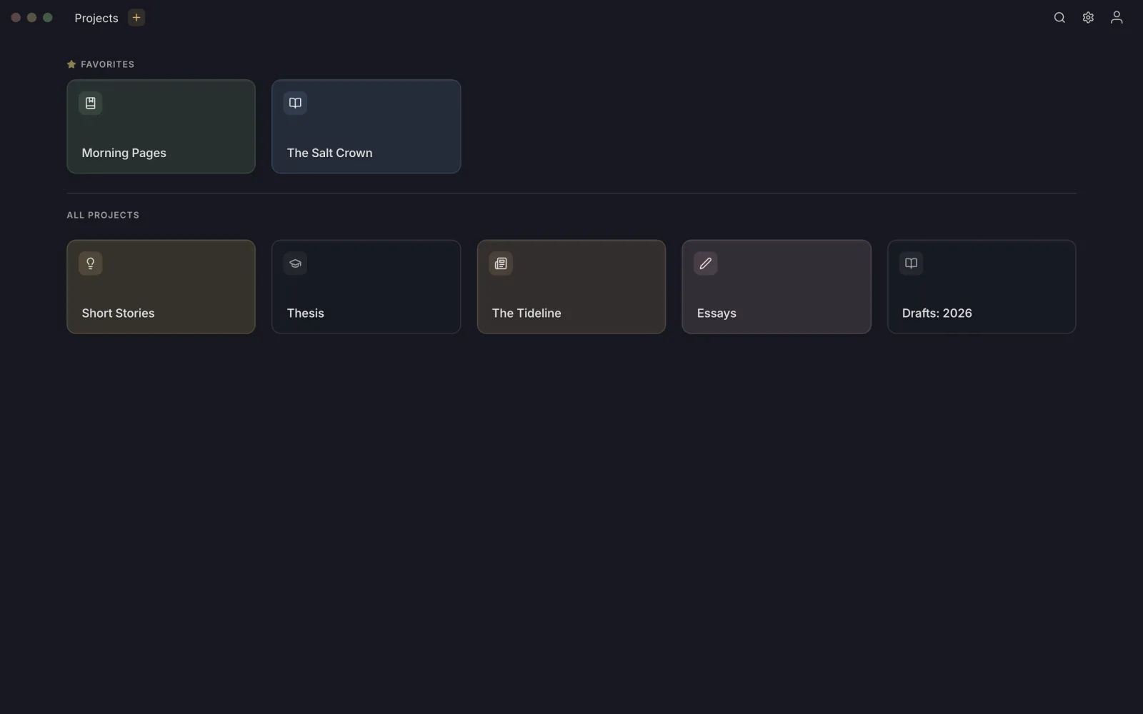 The Projects page with two favorite projects and four others in different colors