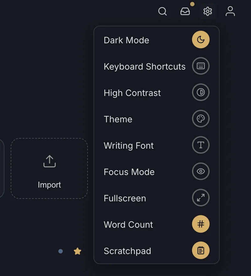 The settings menu: Dark Mode, Keyboard Shortcuts, High Contrast, Theme, Writing Font, Focus Mode, Fullscreen, Word Count and Scratchpad