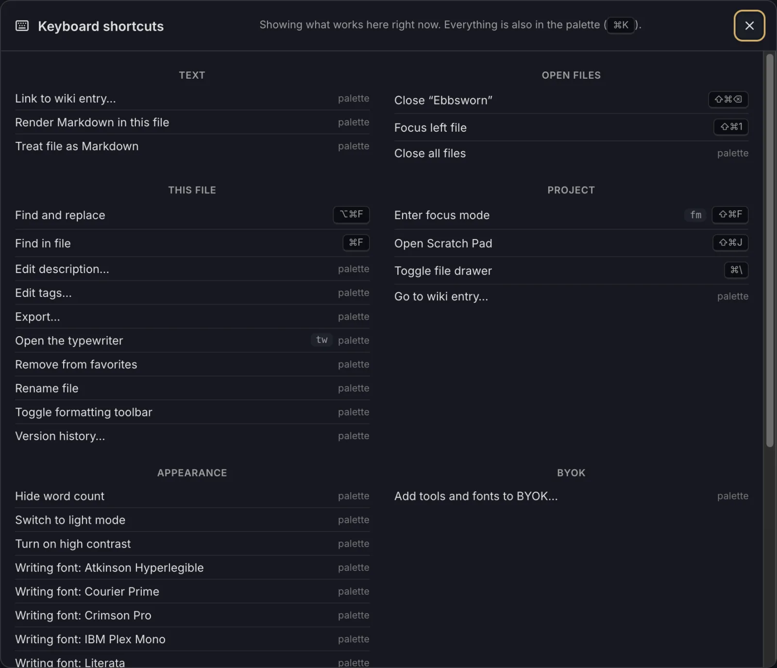 The keyboard shortcuts sheet showing commands for text files, open files, the project and appearance
