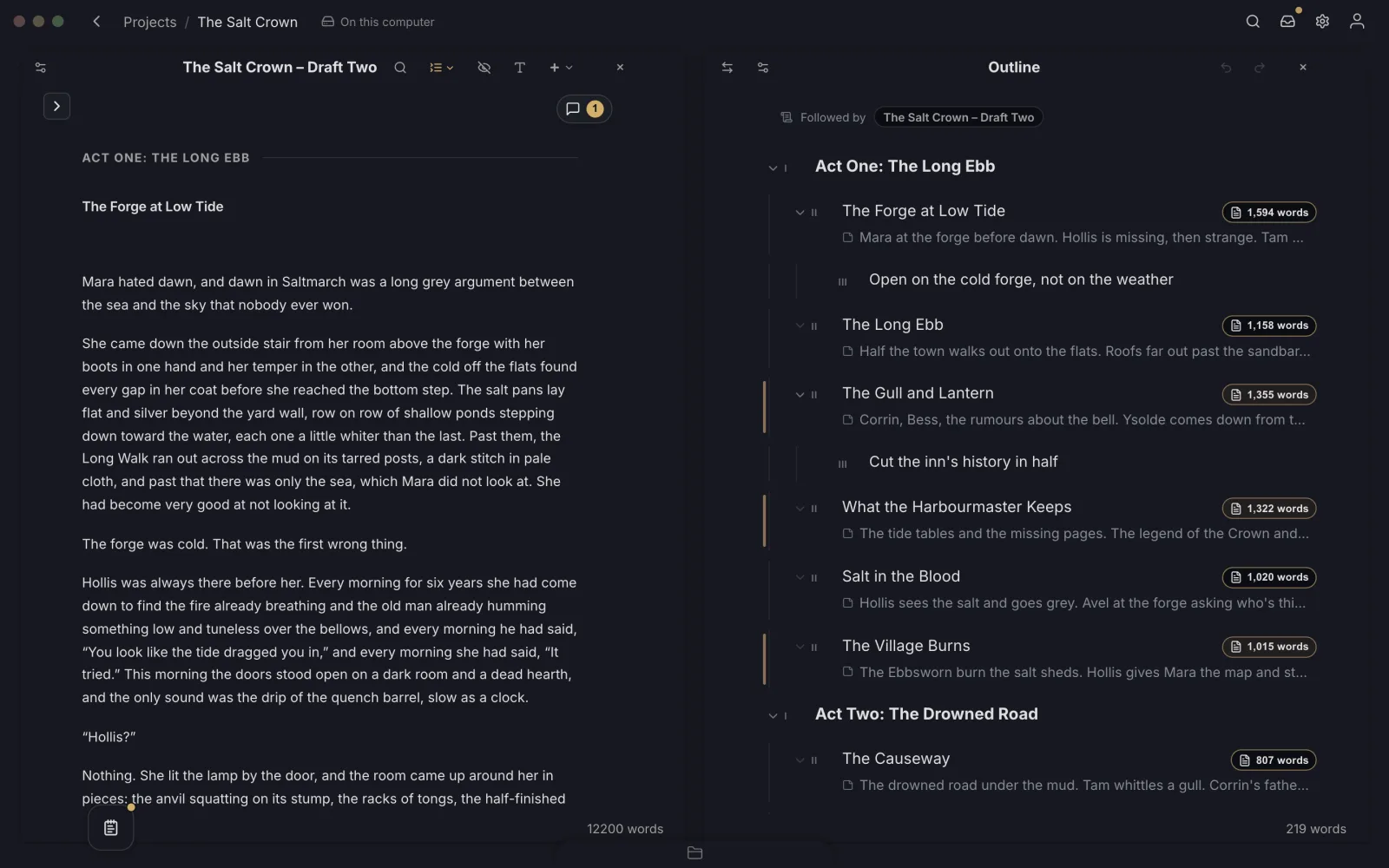 An outline with acts, chapters linked to files with word counts, notes under each chapter and beats underneath