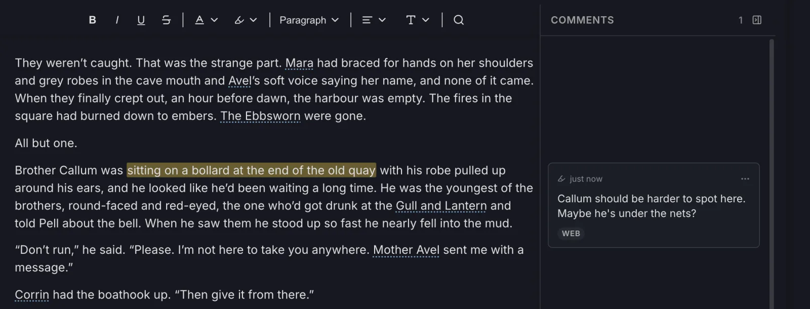 A highlighted passage in a chapter with its comment in the column on the right