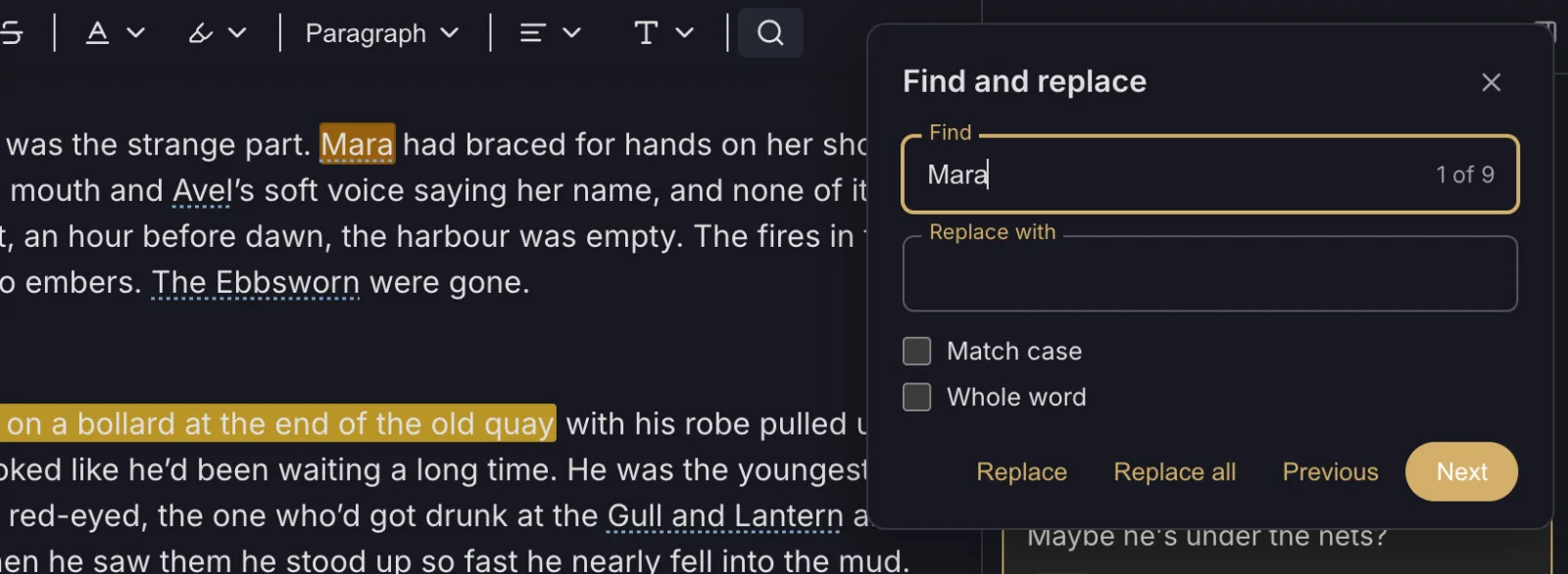 The Find and replace box finding nine matches of a name