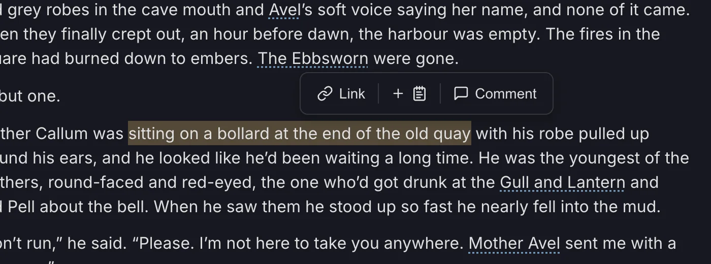 The bar that appears over selected text, with Link, Add to Scratch Pad and Comment