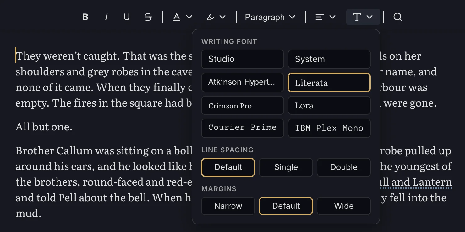 The typography panel with eight writing fonts, three line spacings and three margin widths