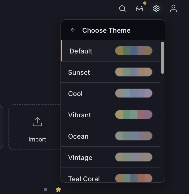 The theme picker with Default, Sunset, Cool, Vibrant, Ocean, Vintage and Teal Coral