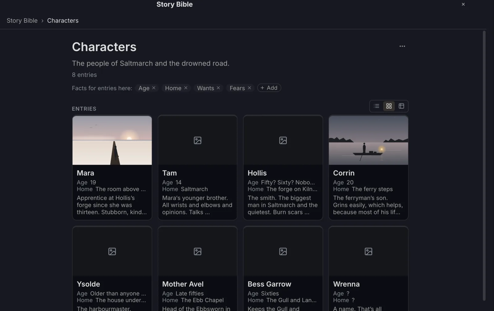 The Characters category in Gallery view, with pictures and short excerpts