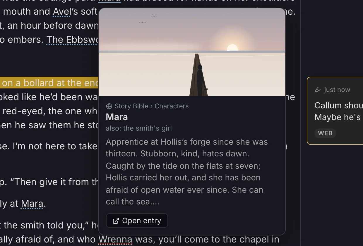 A preview card for the entry Mara, with her picture, category, other names and first lines