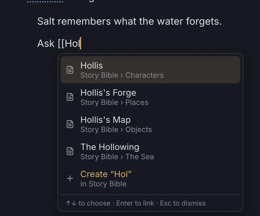 Typing [[Hol shows matching entries and an option to create a new one