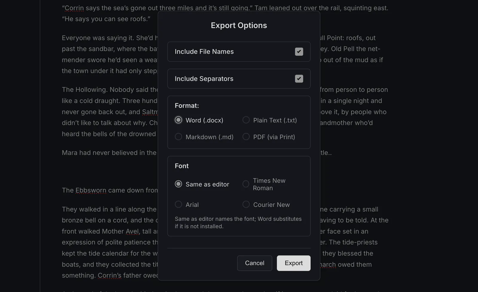 The manuscript export window in Studio, with Word, plain text, Markdown and PDF formats and a choice of font