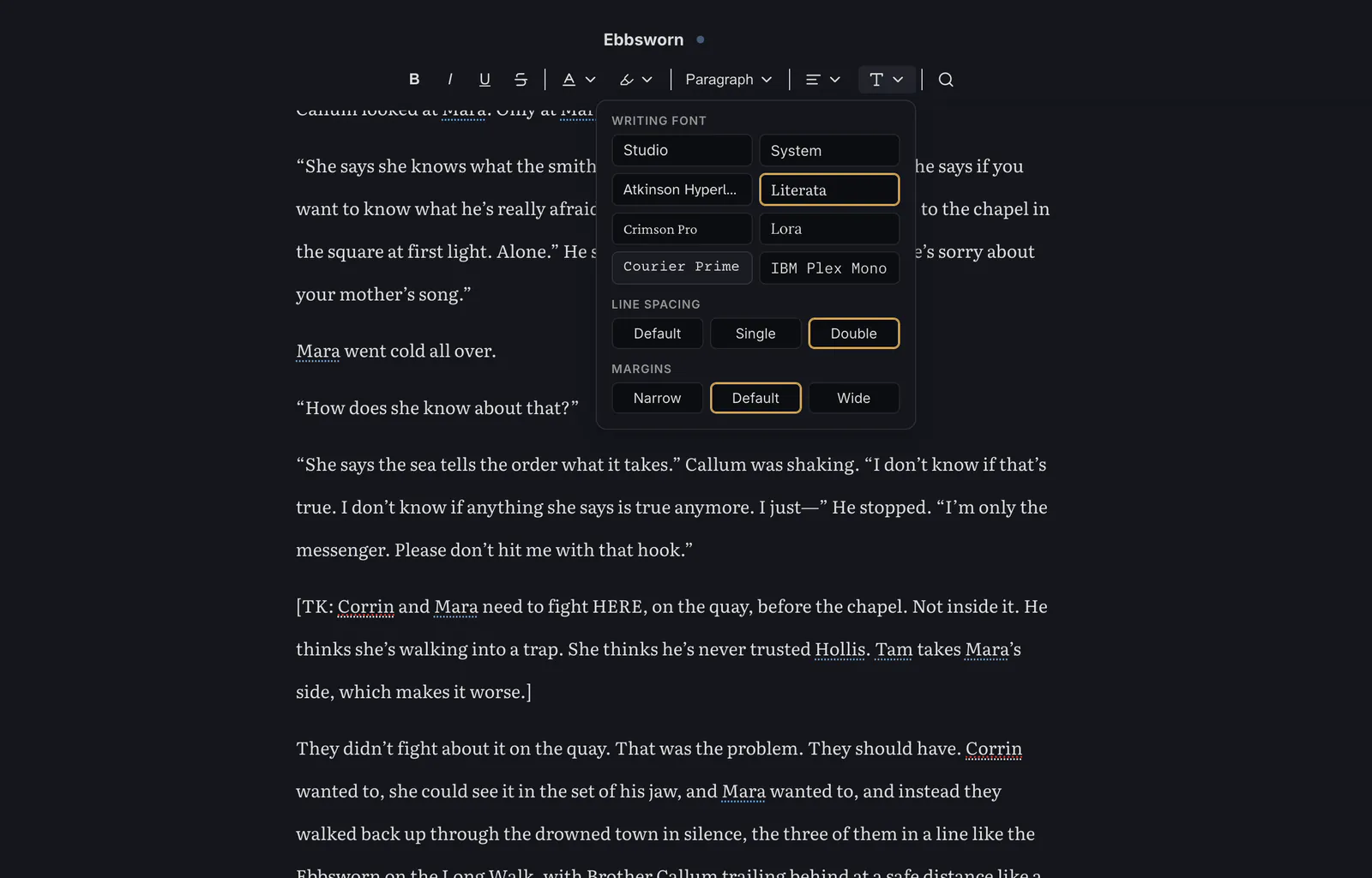 Studio’s writing font panel, with eight fonts, line spacing and margins, over a chapter set in Literata