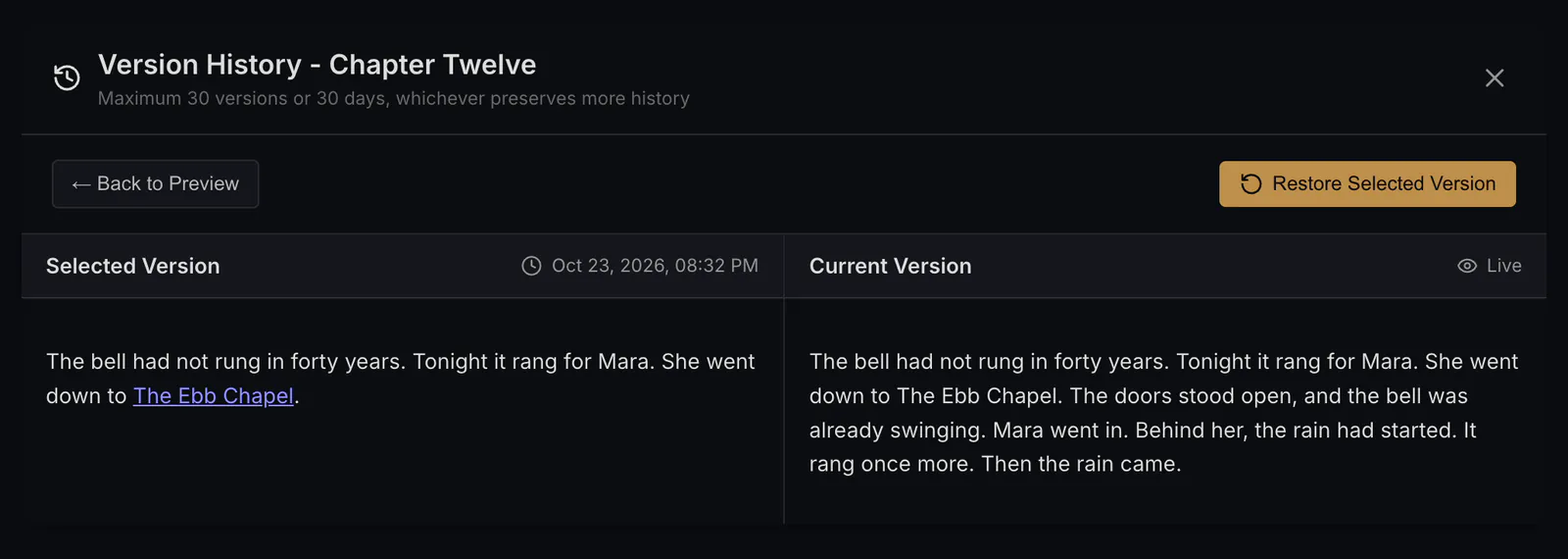 Version history in Studio, comparing an earlier version of a chapter with the current one, with a button to restore it
