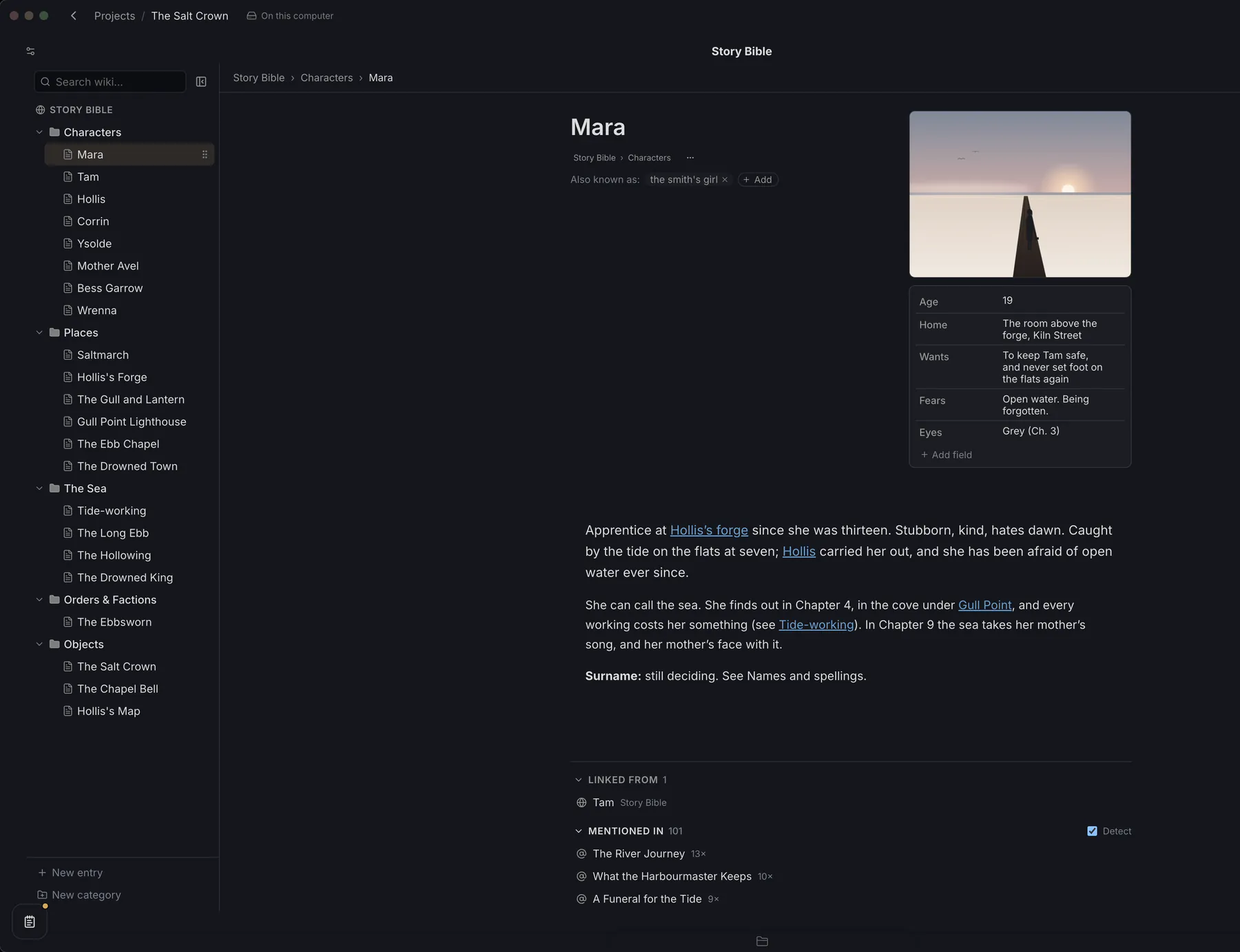 A character’s page in Studio’s wiki, with a picture, quick facts, links and the chapters that mention her