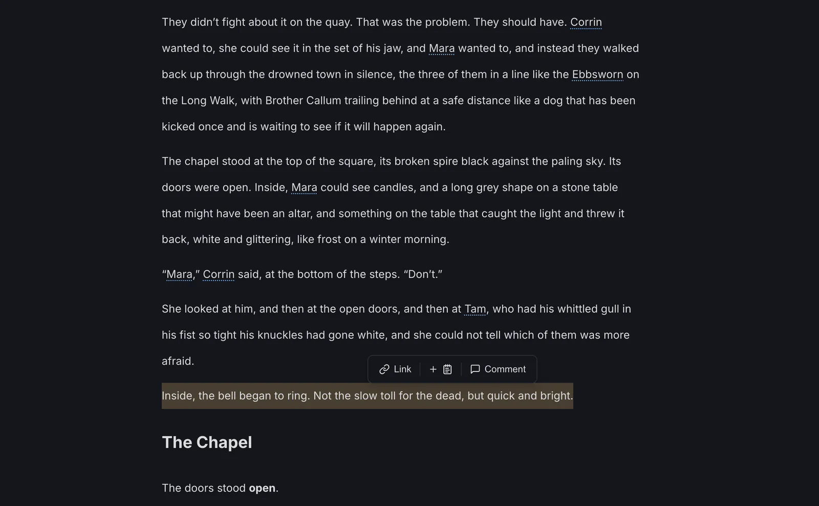 A chapter in Studio’s editor with a sentence selected and options to link it, send it to the scratch pad or comment on it