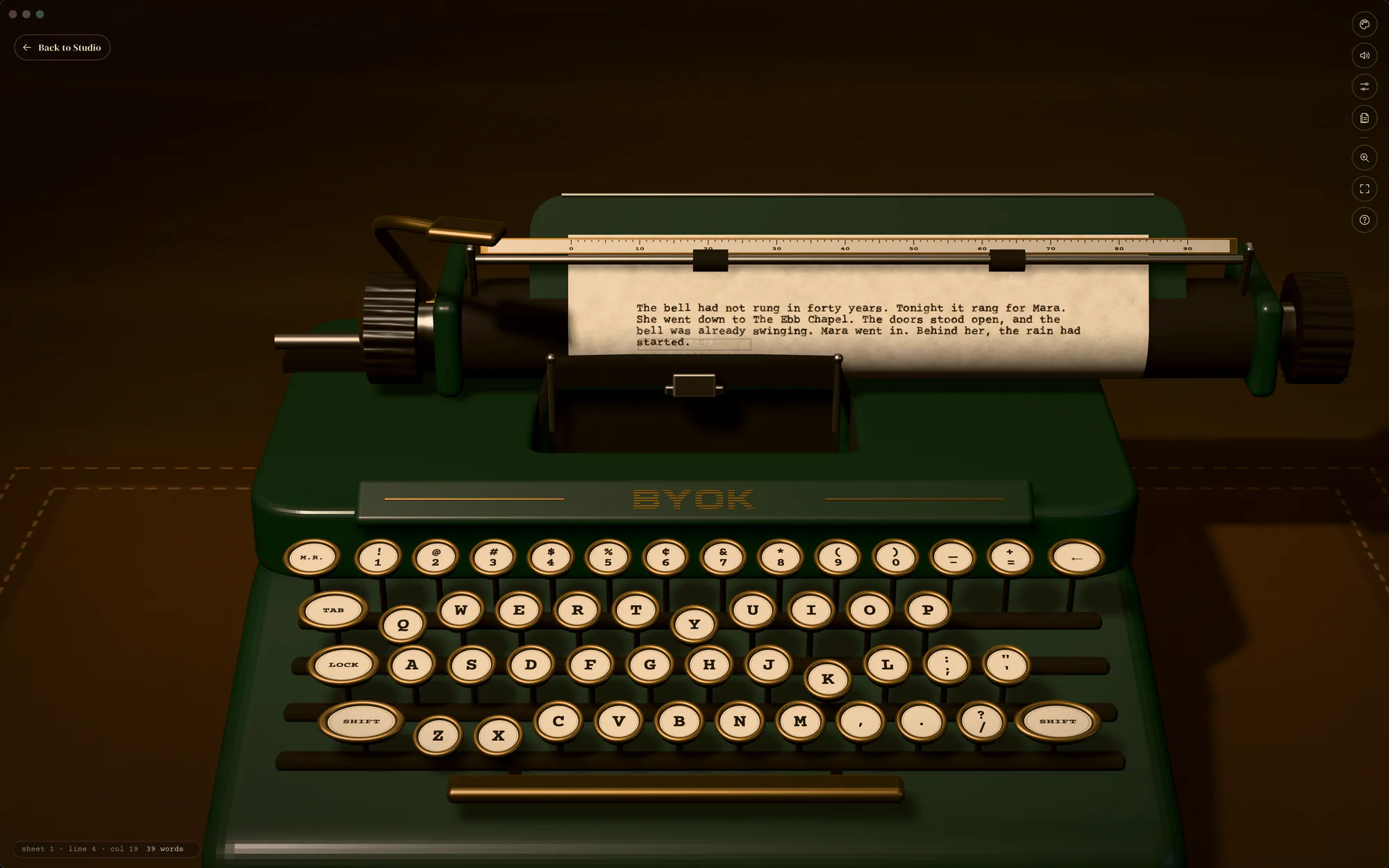 A chapter open on Studio’s 3D typewriter, typed on a sheet of paper