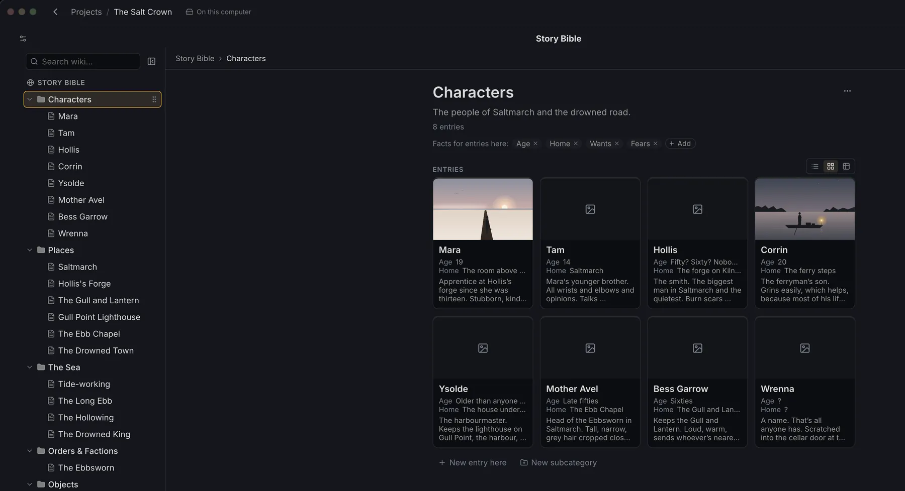 The characters in a story bible in Studio’s wiki, shown as a gallery with pictures and quick facts